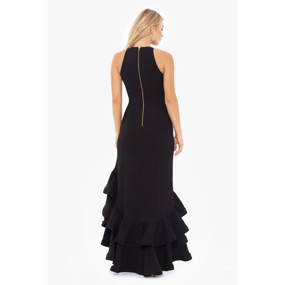 Betsy & Adam Arielle Scuba Crepe Ruffle Slit Asymmetrical Maxi Gown Black Size 8 - Picture 2 of 12